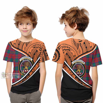 Fotheringham (Fotheringhame) Crest Tartan Kid T-Shirt with Polynesian Vibes Style - Orange Version