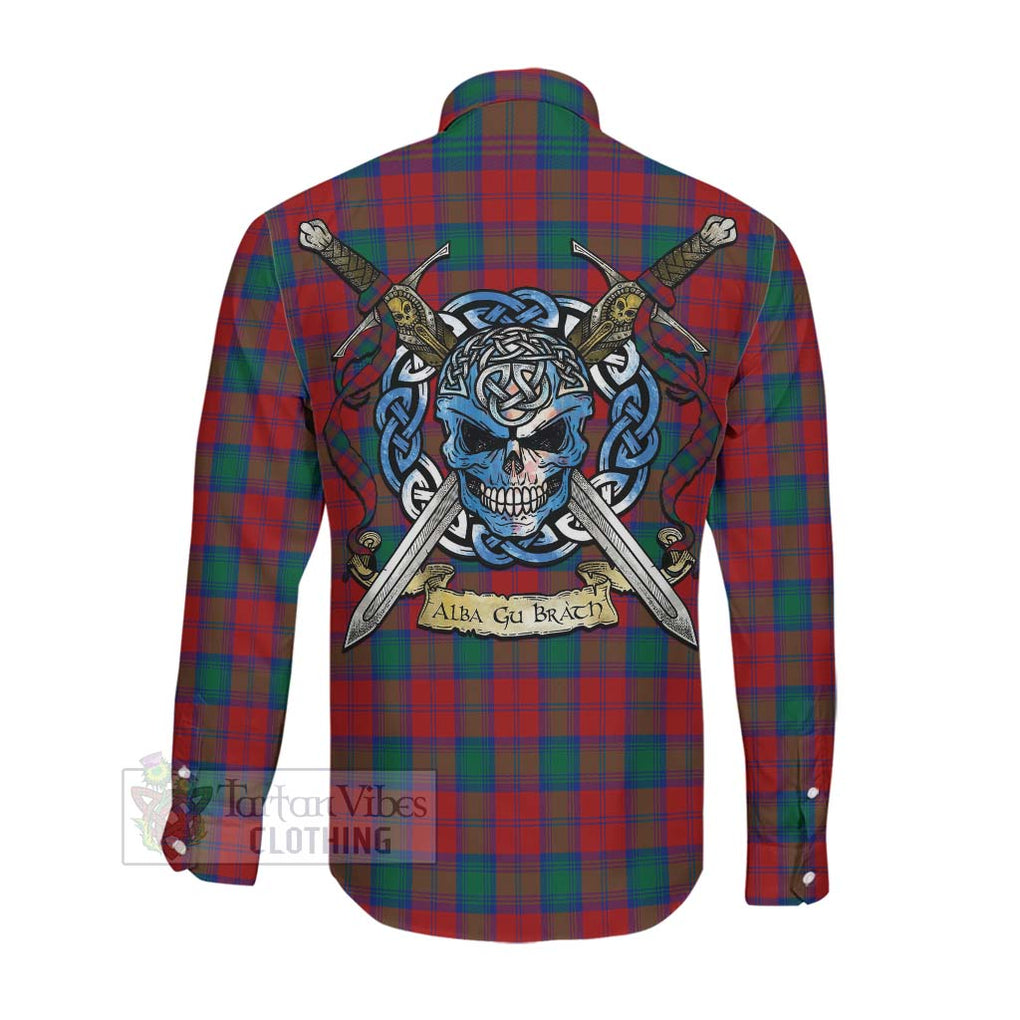 Tartan Vibes Clothing Fotheringham (Fotheringhame) Tartan Long Sleeve Button Shirt with Family Crest Celtic Skull Style