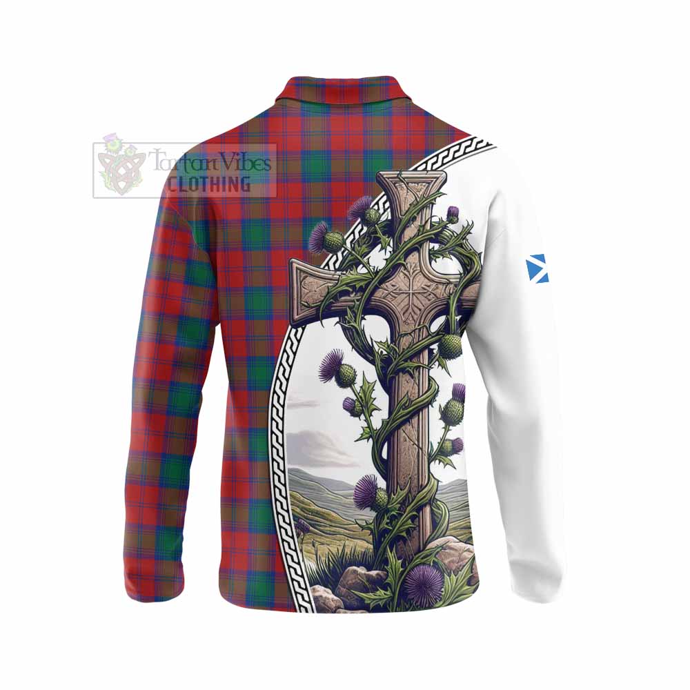 Tartan Vibes Clothing Fotheringham (Fotheringhame) Tartan Long Sleeve Polo Shirt with Family Crest and St. Andrew's Cross Accented by Thistle Vines