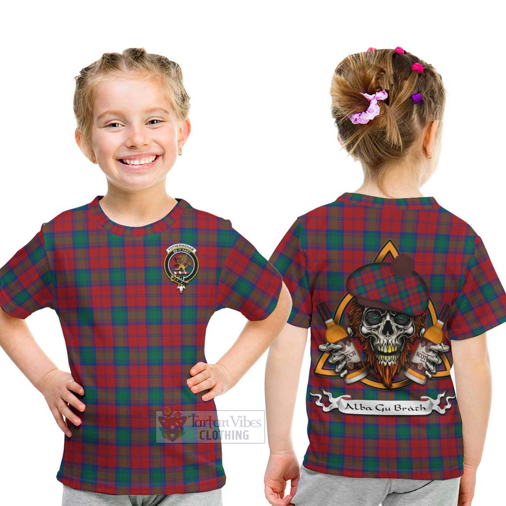 Tartan Vibes Clothing Fotheringham (Fotheringhame) Tartan Kid T-Shirt with Family Crest and Bearded Skull Holding Bottles of Whiskey