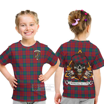 Fotheringham (Fotheringhame) Tartan Kid T-Shirt with Family Crest and Bearded Skull Holding Bottles of Whiskey