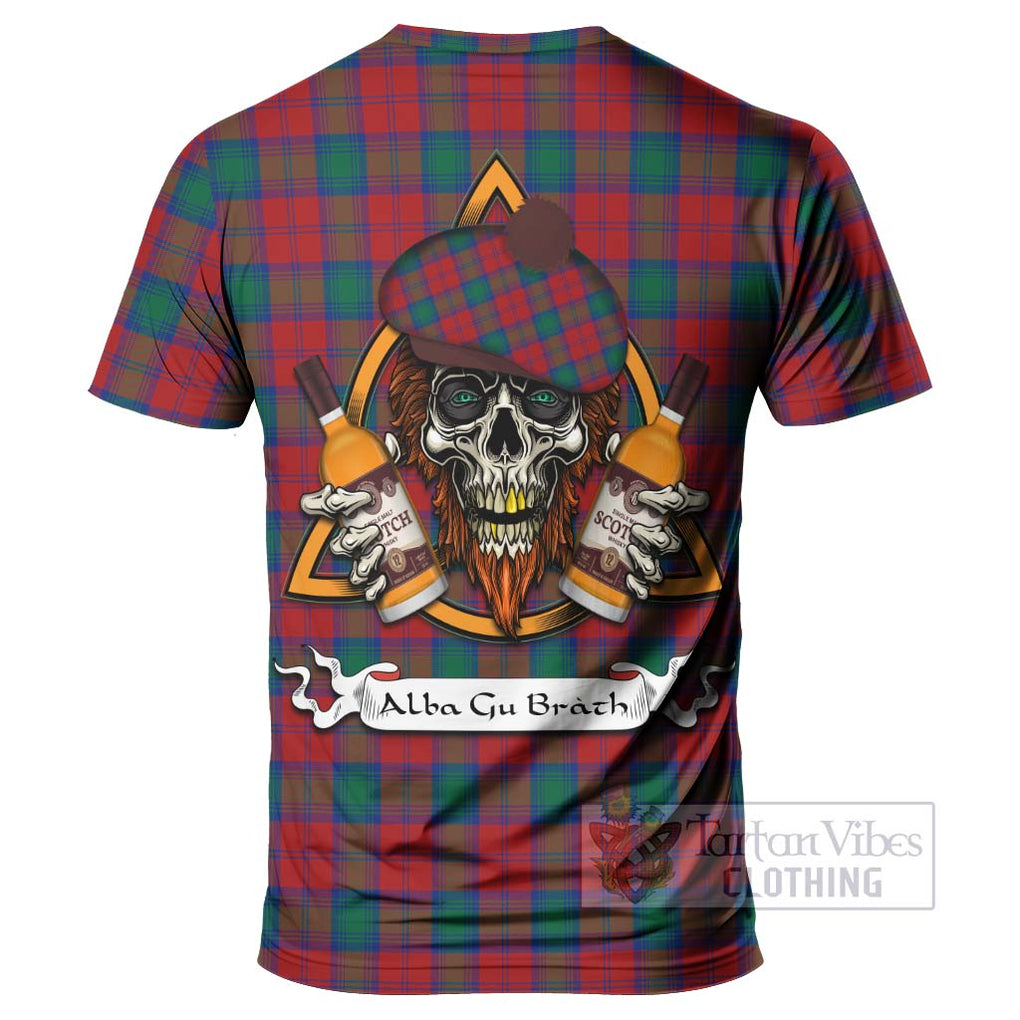 Tartan Vibes Clothing Fotheringham (Fotheringhame) Tartan T-Shirt with Family Crest and Bearded Skull Holding Bottles of Whiskey