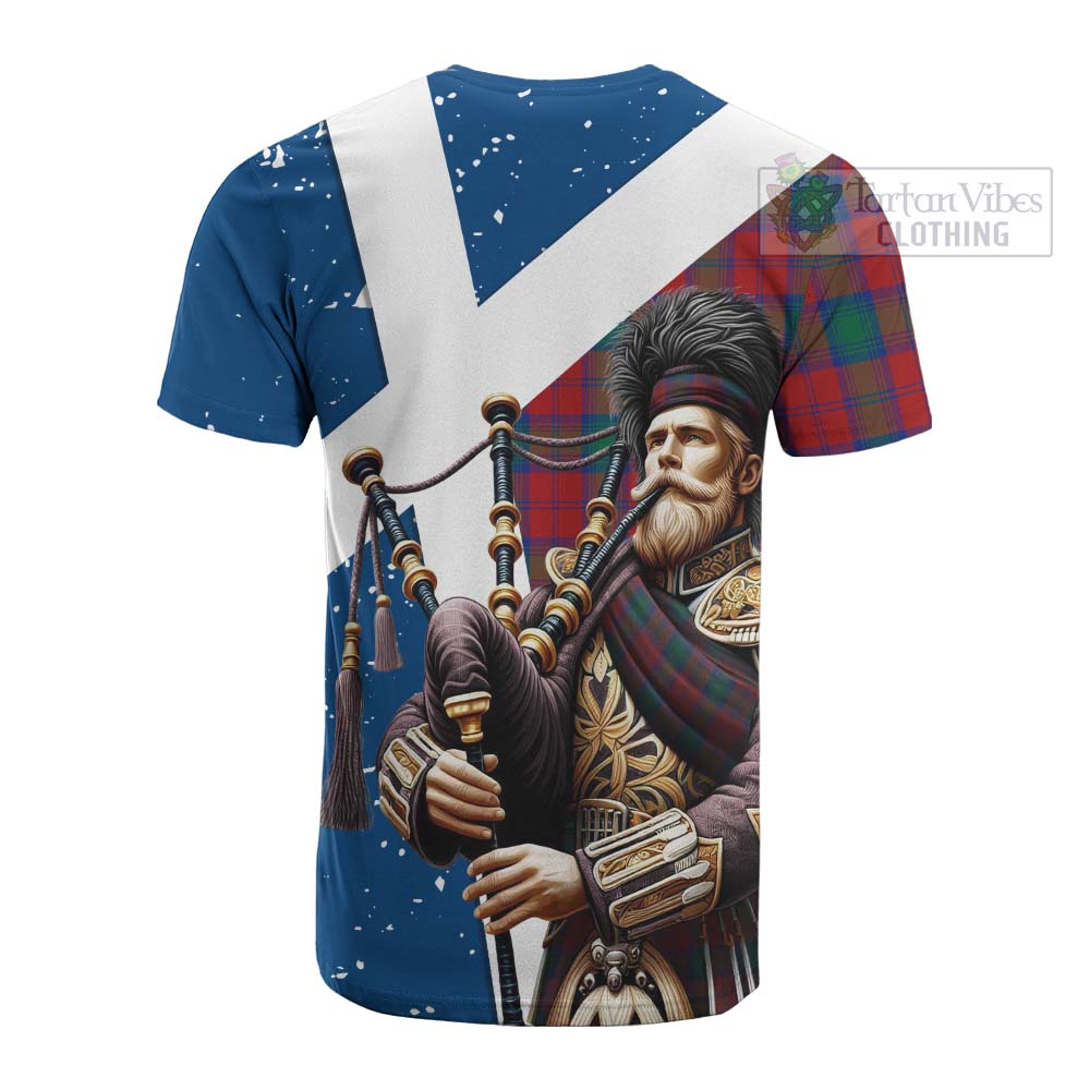 Tartan Vibes Clothing Fotheringham (Fotheringhame) Tartan Cotton T-shirt with Family Crest Scottish Bagpiper Vibes