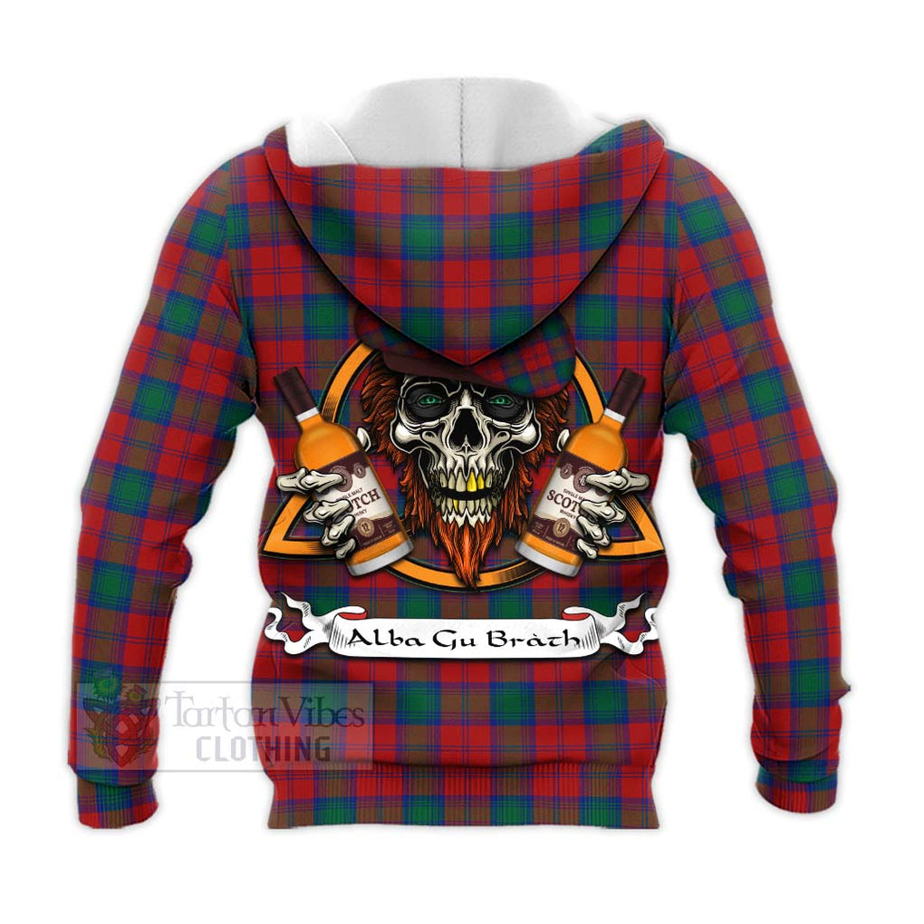 Tartan Vibes Clothing Fotheringham (Fotheringhame) Tartan Knitted Hoodie with Family Crest and Bearded Skull Holding Bottles of Whiskey