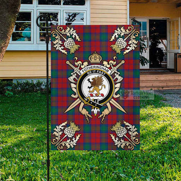 Fotheringham (Fotheringhame) Tartan Flag with Family Crest and Golden Thistle Crossed Sword Design