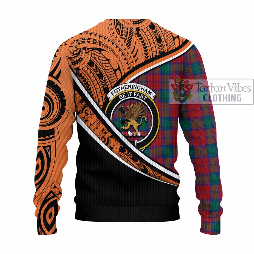 Tartan Vibes Clothing Fotheringham (Fotheringhame) Crest Tartan Knitted Sweater with Maori Tattoo Style - Orange Version