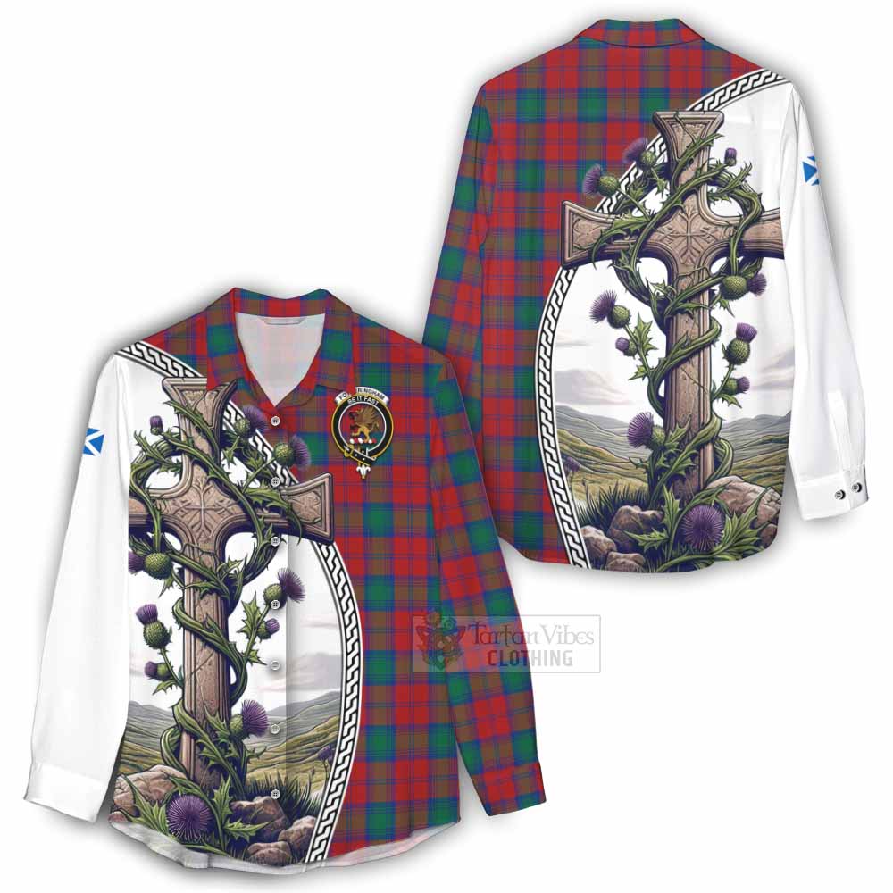 Tartan Vibes Clothing Fotheringham (Fotheringhame) Tartan Women's Casual Shirt with Family Crest and St. Andrew's Cross Accented by Thistle Vines