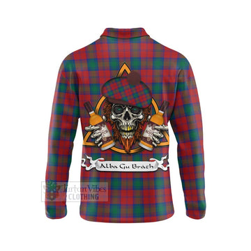 Fotheringham (Fotheringhame) Tartan Long Sleeve Polo Shirt with Family Crest and Bearded Skull Holding Bottles of Whiskey