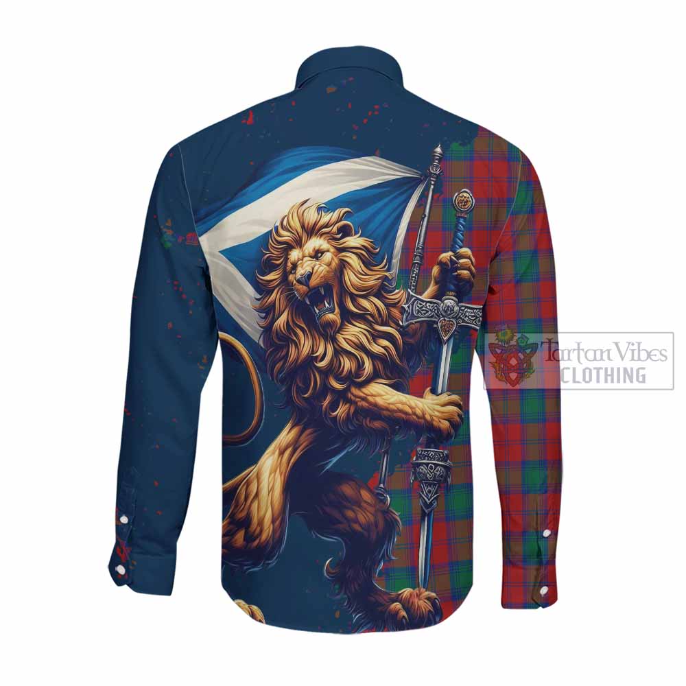 Tartan Vibes Clothing Fotheringham (Fotheringhame) Tartan Family Crest Long Sleeve Button Shirt with Scottish Majestic Lion