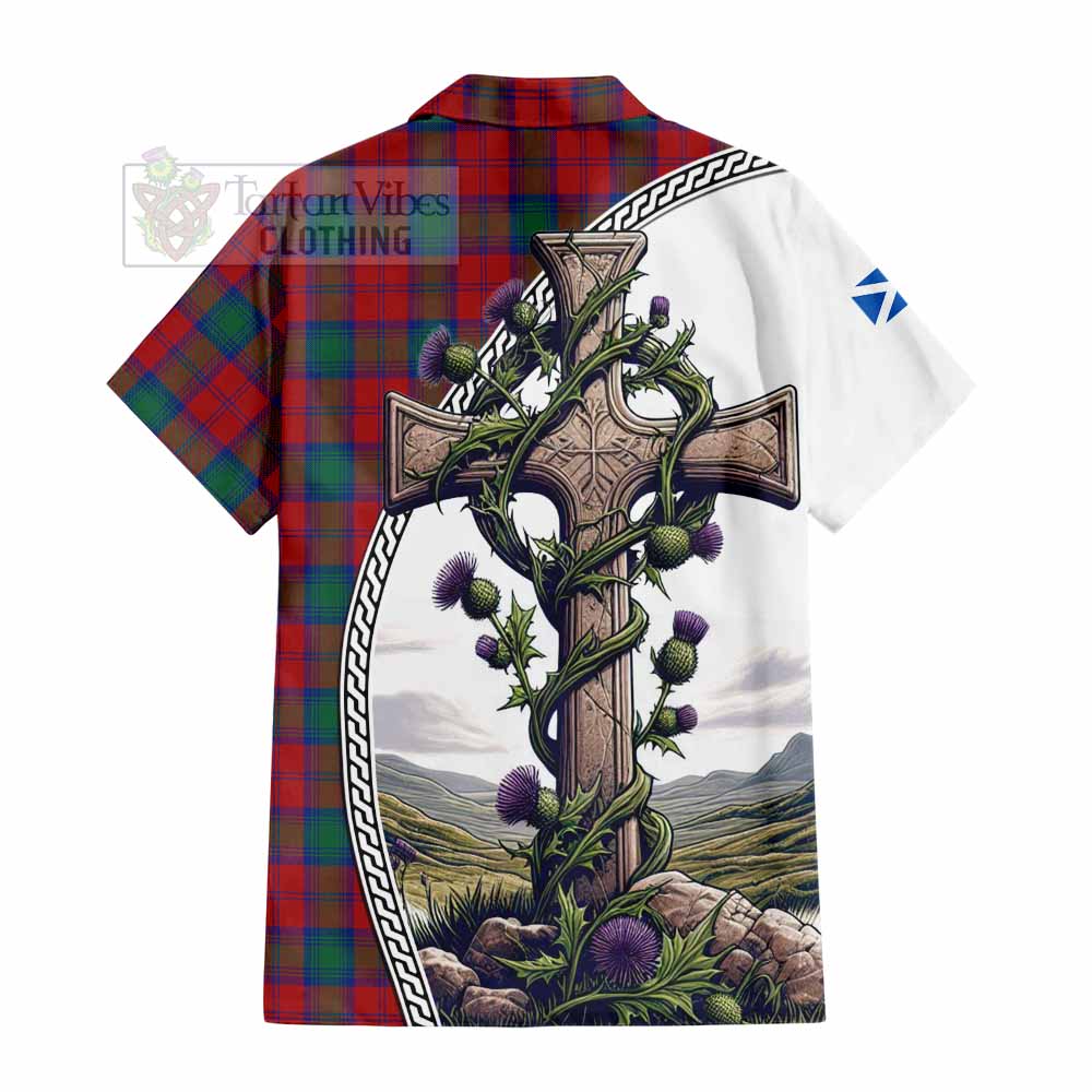 Tartan Vibes Clothing Fotheringham (Fotheringhame) Tartan Short Sleeve Button Shirt with Family Crest and St. Andrew's Cross Accented by Thistle Vines