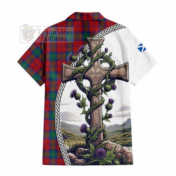 Fotheringham (Fotheringhame) Tartan Short Sleeve Button Shirt with Family Crest and St. Andrew's Cross Accented by Thistle Vines