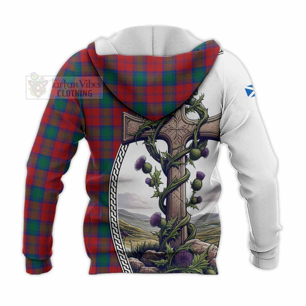 Tartan Vibes Clothing Fotheringham (Fotheringhame) Tartan Knitted Hoodie with Family Crest and St. Andrew's Cross Accented by Thistle Vines