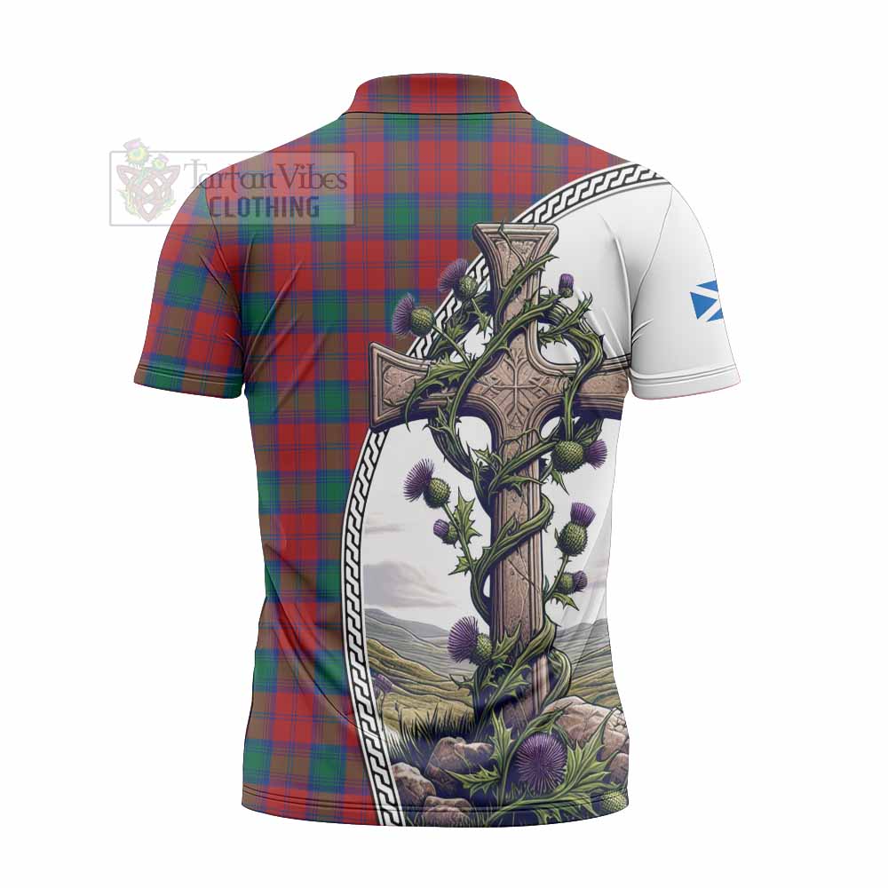 Tartan Vibes Clothing Fotheringham (Fotheringhame) Tartan Zipper Polo Shirt with Family Crest and St. Andrew's Cross Accented by Thistle Vines