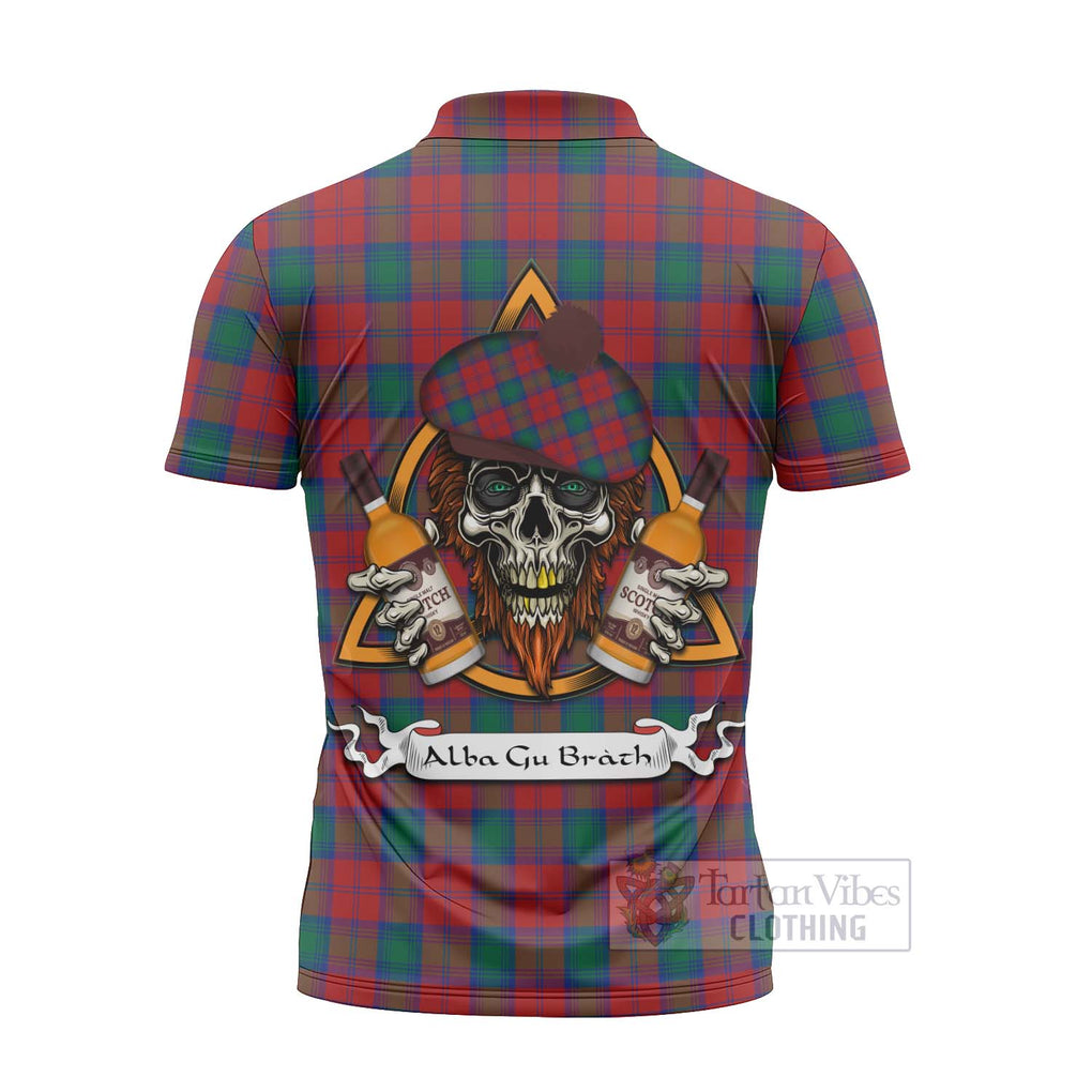 Tartan Vibes Clothing Fotheringham (Fotheringhame) Tartan Zipper Polo Shirt with Family Crest and Bearded Skull Holding Bottles of Whiskey