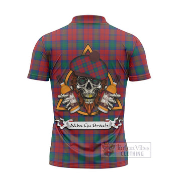 Fotheringham (Fotheringhame) Tartan Zipper Polo Shirt with Family Crest and Bearded Skull Holding Bottles of Whiskey