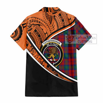 Fotheringham (Fotheringhame) Crest Tartan Short Sleeve Button Shirt with Polynesian Vibes Style - Orange Version