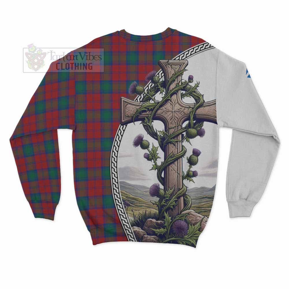 Tartan Vibes Clothing Fotheringham (Fotheringhame) Tartan Sweatshirt with Family Crest and St. Andrew's Cross Accented by Thistle Vines