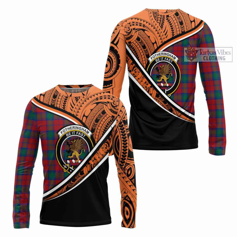 Tartan Vibes Clothing Fotheringham (Fotheringhame) Crest Tartan Long Sleeve T-Shirt with Maori Tattoo Style - Orange Version