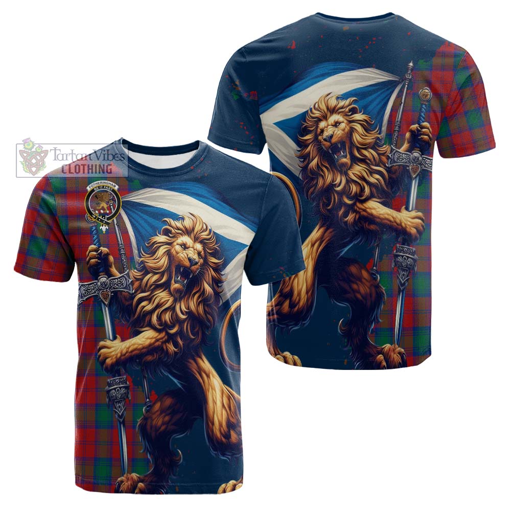 Tartan Vibes Clothing Fotheringham (Fotheringhame) Tartan Family Crest Cotton T-shirt with Scottish Majestic Lion