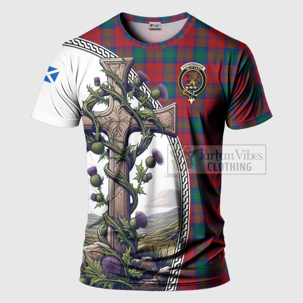 Tartan Vibes Clothing Fotheringham (Fotheringhame) Agnew Tartan T-Shirt with Family Crest and St. Andrew's Cross Accented by Thistle Vines