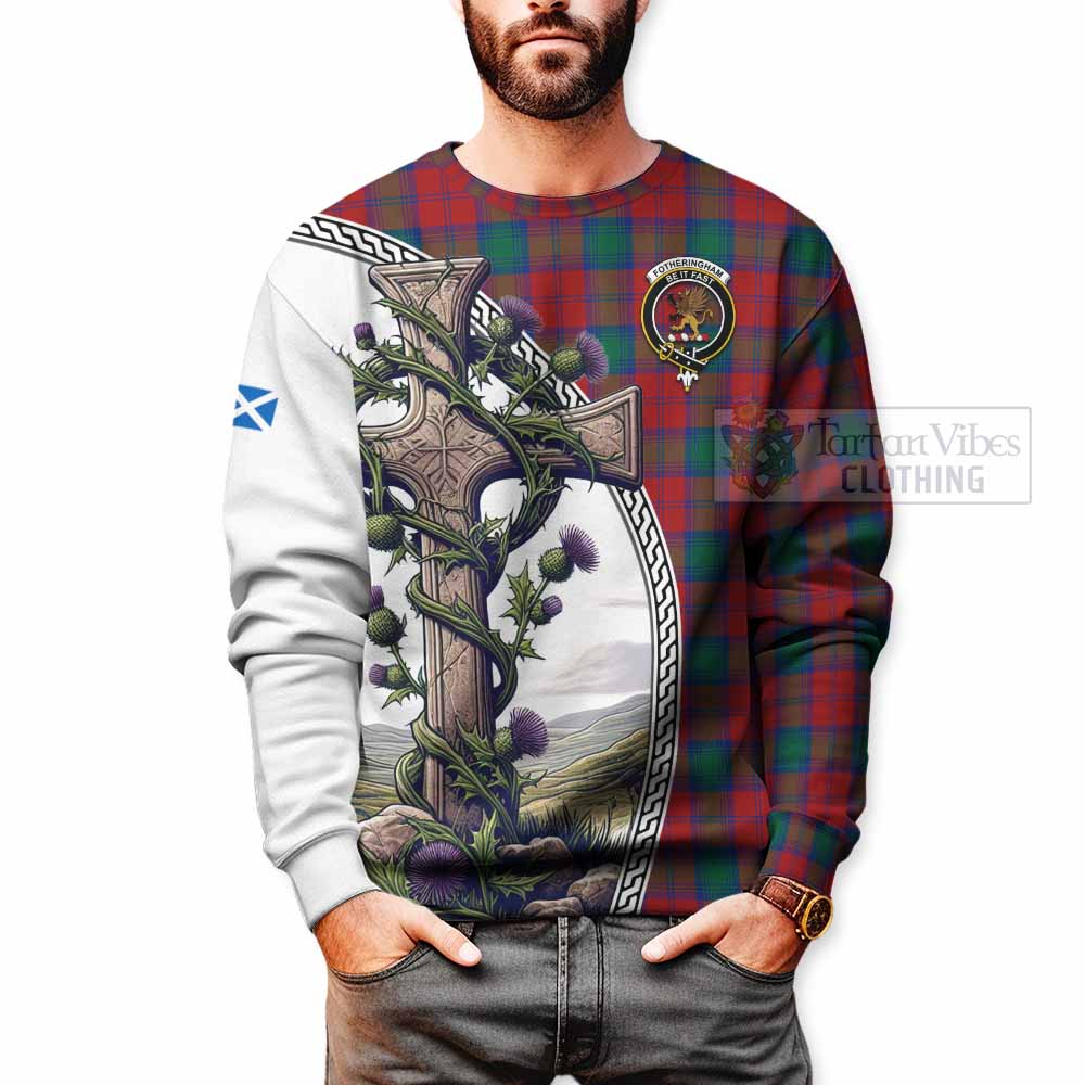 Tartan Vibes Clothing Fotheringham (Fotheringhame) Tartan Sweatshirt with Family Crest and St. Andrew's Cross Accented by Thistle Vines