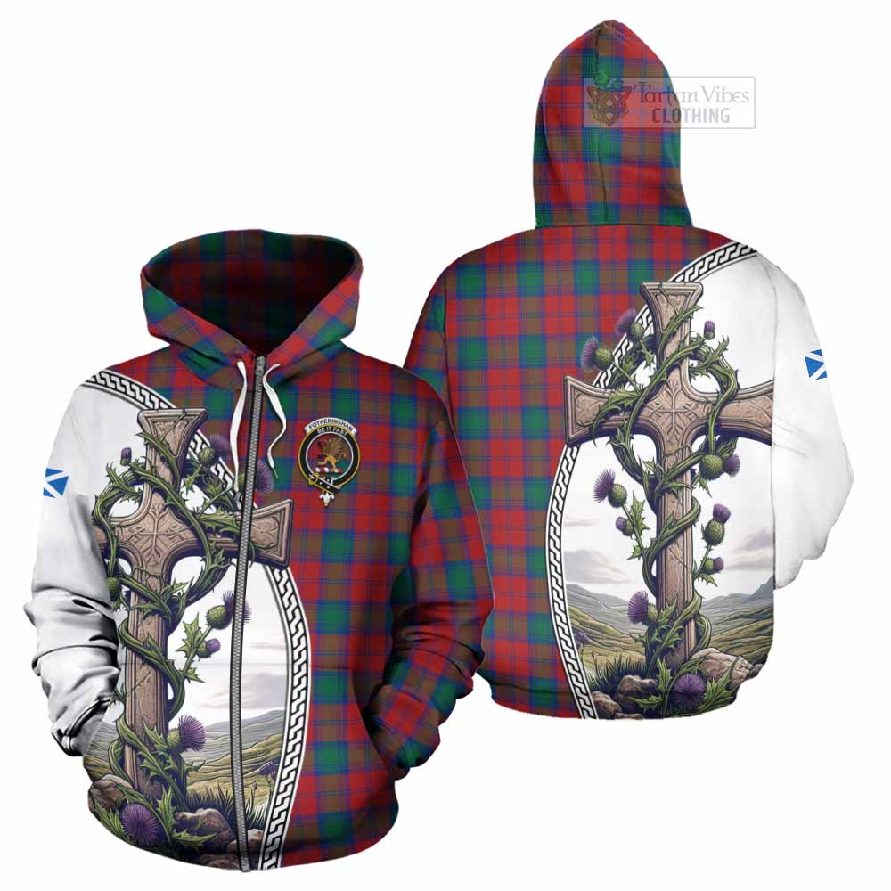 Tartan Vibes Clothing Fotheringham (Fotheringhame) Tartan Hoodie with Family Crest and St. Andrew's Cross Accented by Thistle Vines