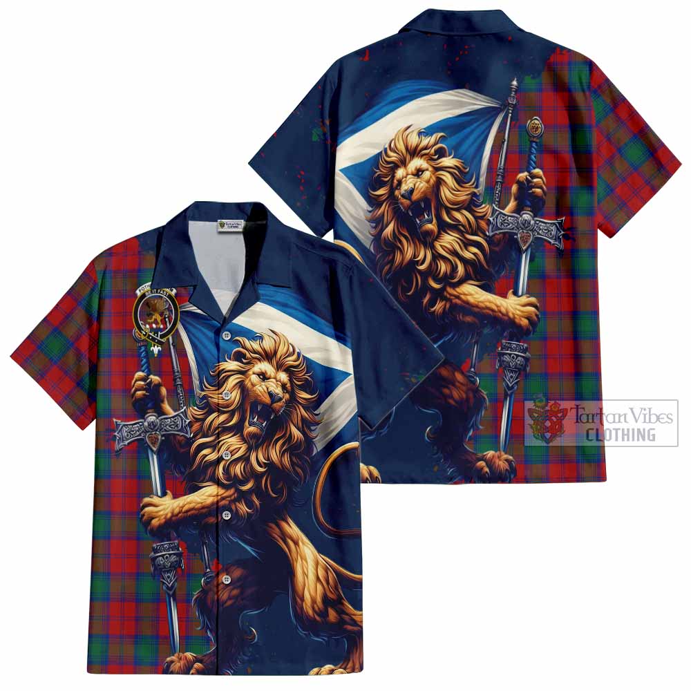 Tartan Vibes Clothing Fotheringham (Fotheringhame) Tartan Family Crest Short Sleeve Button Shirt with Scottish Majestic Lion