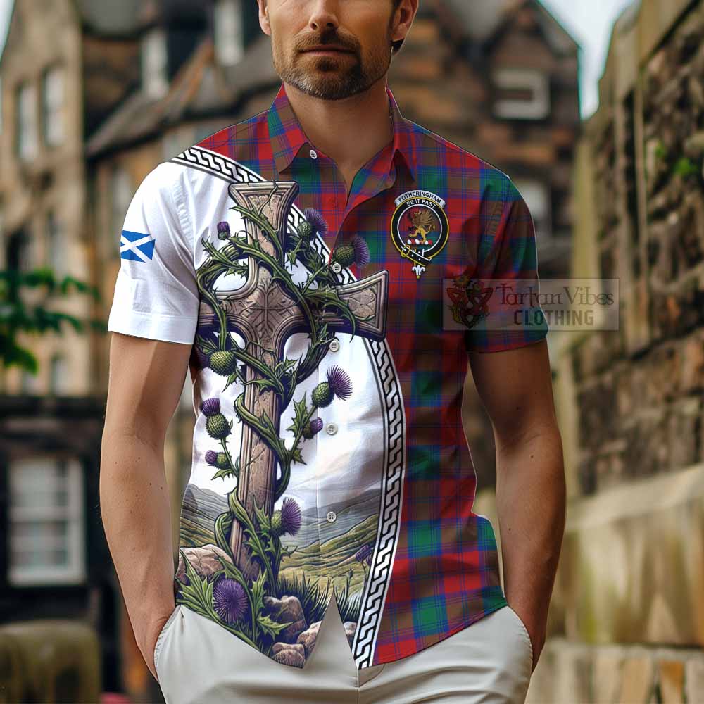 Tartan Vibes Clothing Fotheringham (Fotheringhame) Tartan Short Sleeve Button Shirt with Family Crest and St. Andrew's Cross Accented by Thistle Vines