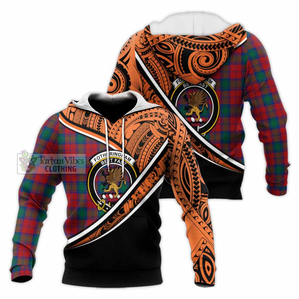 Tartan Vibes Clothing Fotheringham (Fotheringhame) Crest Tartan Knitted Hoodie with Maori Tattoo Style - Orange Version