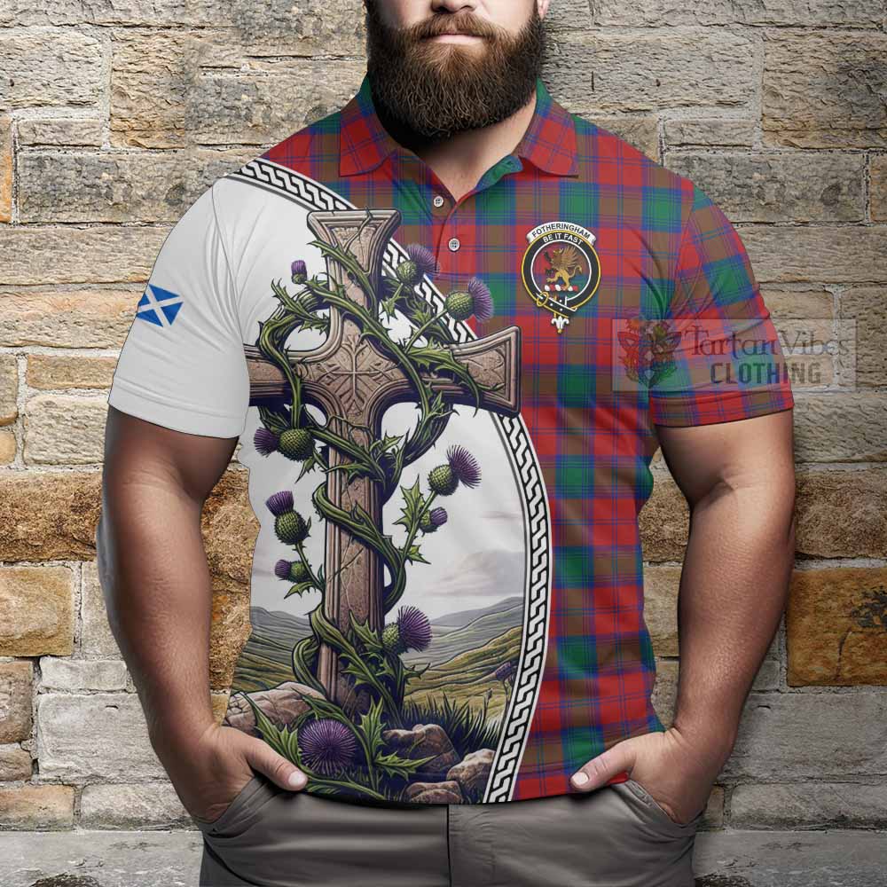 Tartan Vibes Clothing Fotheringham (Fotheringhame) Tartan Polo Shirt with Family Crest and St. Andrew's Cross Accented by Thistle Vines