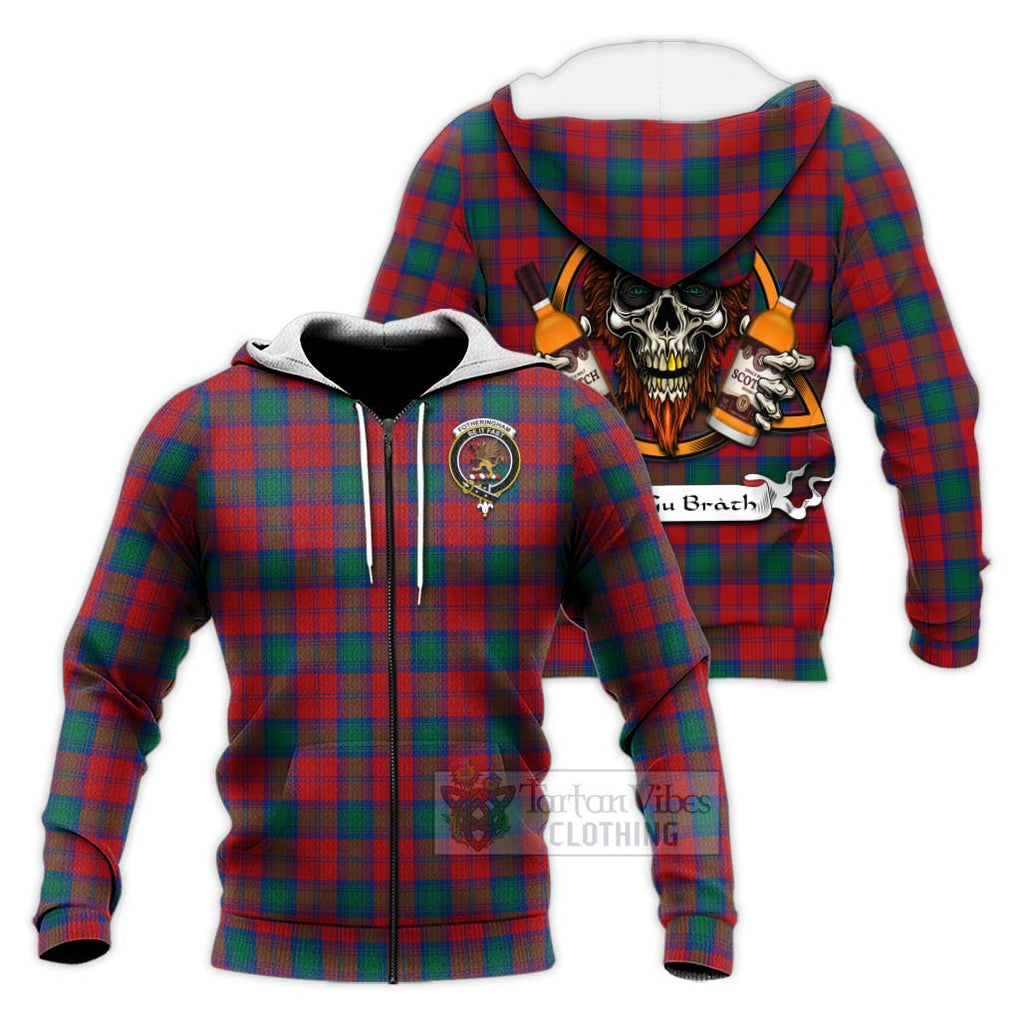 Tartan Vibes Clothing Fotheringham (Fotheringhame) Tartan Knitted Hoodie with Family Crest and Bearded Skull Holding Bottles of Whiskey