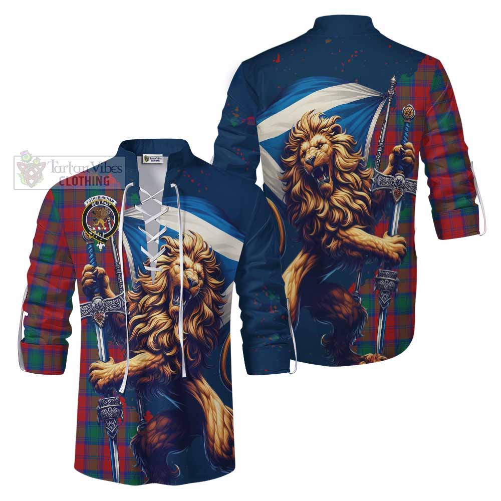 Tartan Vibes Clothing Fotheringham (Fotheringhame) Tartan Family Crest Ghillie Kilt Shirt with Scottish Majestic Lion