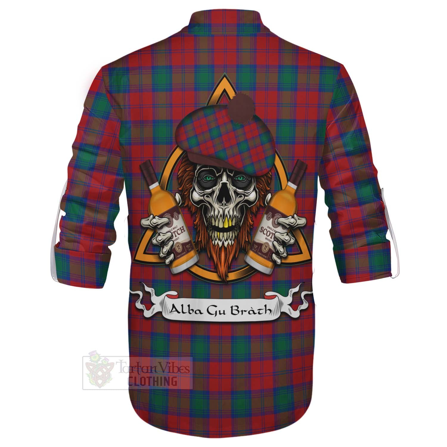 Tartan Vibes Clothing Fotheringham (Fotheringhame) Tartan Ghillie Kilt Shirt with Family Crest and Bearded Skull Holding Bottles of Whiskey