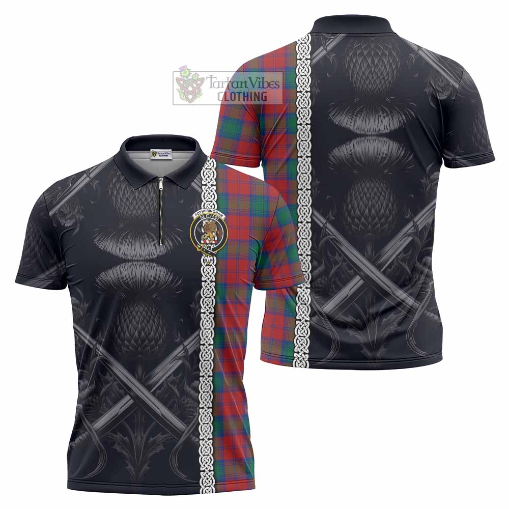 Tartan Vibes Clothing Fotheringham (Fotheringhame) Tartan Zipper Polo Shirt with Family Crest Cross Sword Thistle Celtic Vibes