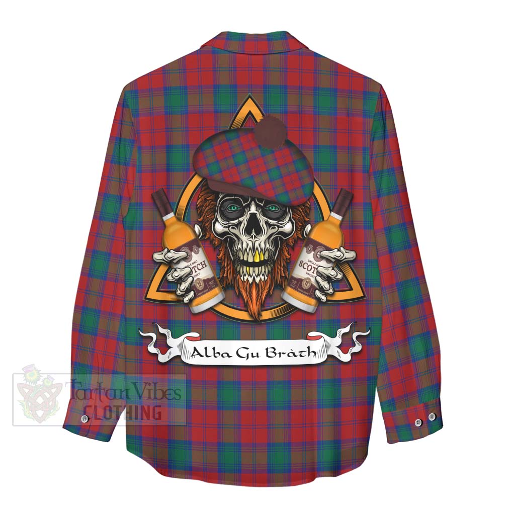 Tartan Vibes Clothing Fotheringham (Fotheringhame) Tartan Women's Casual Shirt with Family Crest and Bearded Skull Holding Bottles of Whiskey