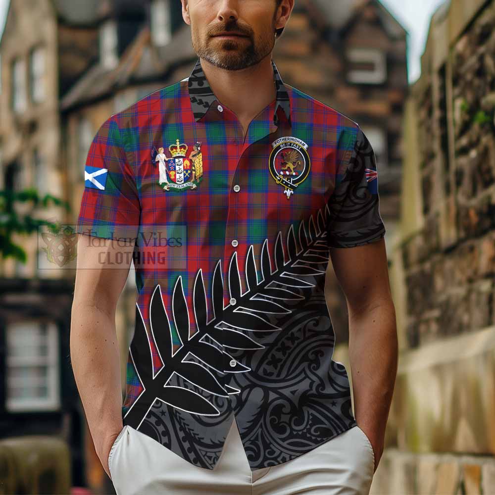 Tartan Vibes Clothing Fotheringham (Fotheringhame) Crest Tartan Short Sleeve Button Shirt with New Zealand Silver Fern Half Style