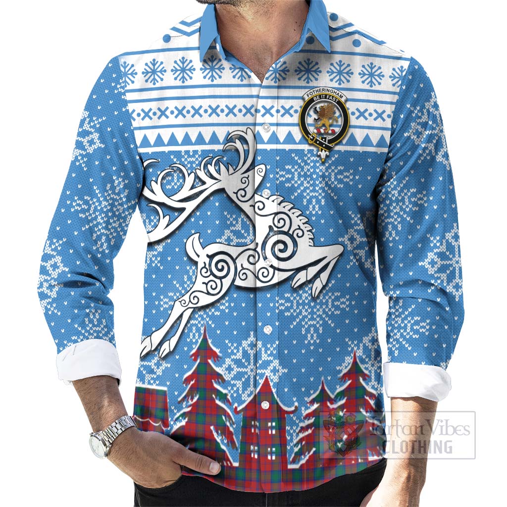 Tartan Vibes Clothing Fotheringham (Fotheringhame) Clan Christmas Long Sleeve Button Shirt Celtic Reindeer Style