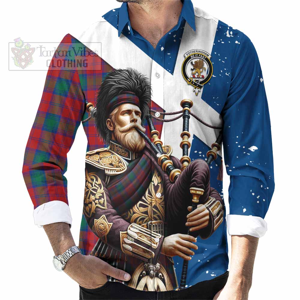 Tartan Vibes Clothing Fotheringham (Fotheringhame) Tartan Long Sleeve Button Shirt with Family Crest Scottish Bagpiper Vibes