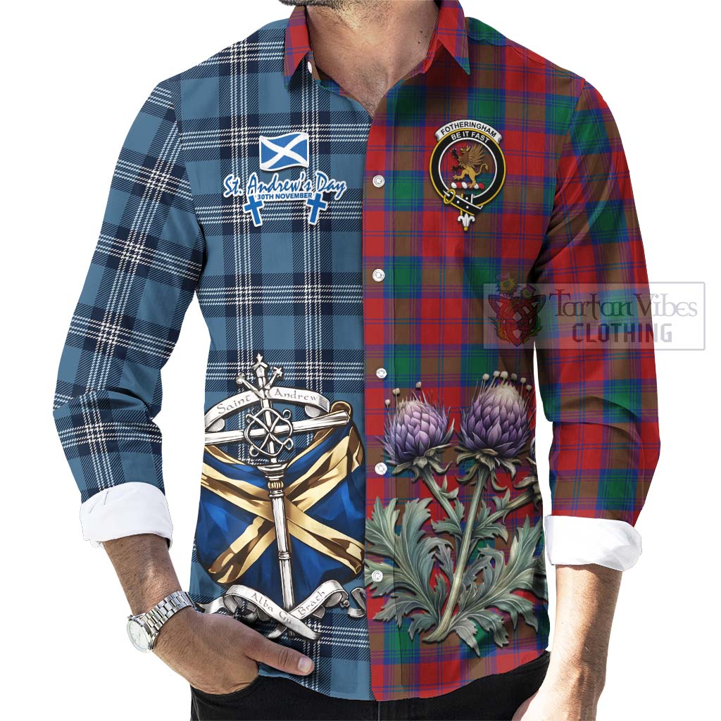 Tartan Vibes Clothing Fotheringham (Fotheringhame) Tartan Long Sleeve Button Shirt Happy St. Andrew's Day Half Tartan Style