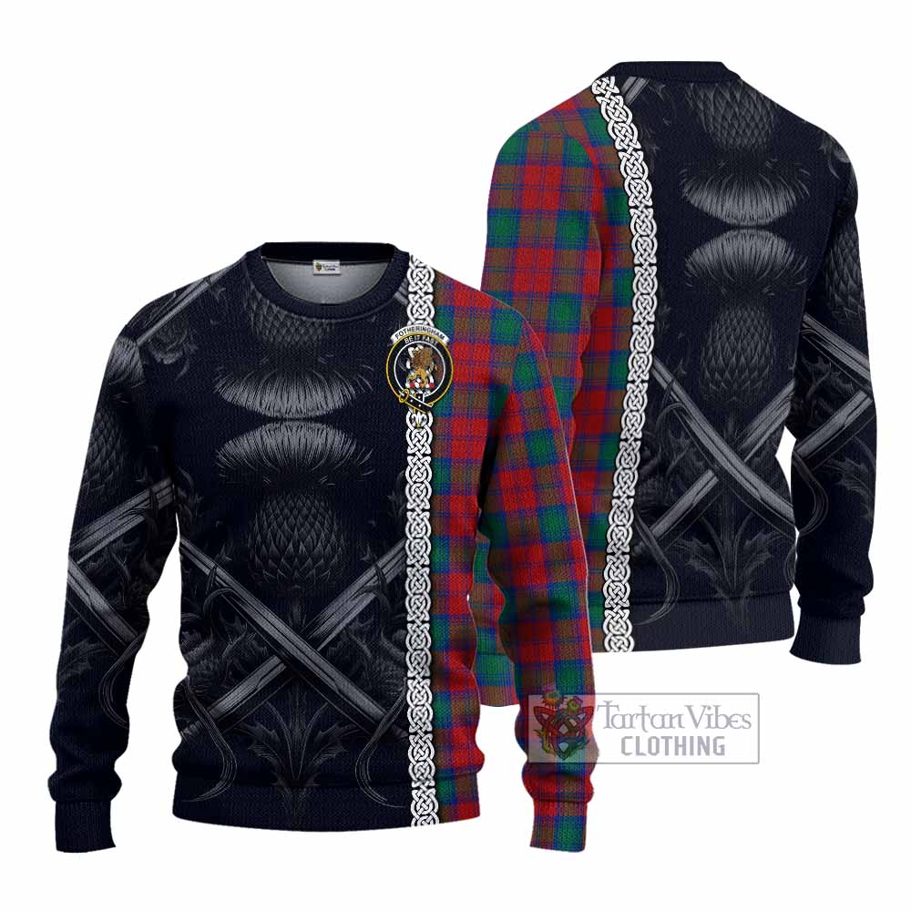 Tartan Vibes Clothing Fotheringham (Fotheringhame) Tartan Knitted Sweater with Family Crest Cross Sword Thistle Celtic Vibes