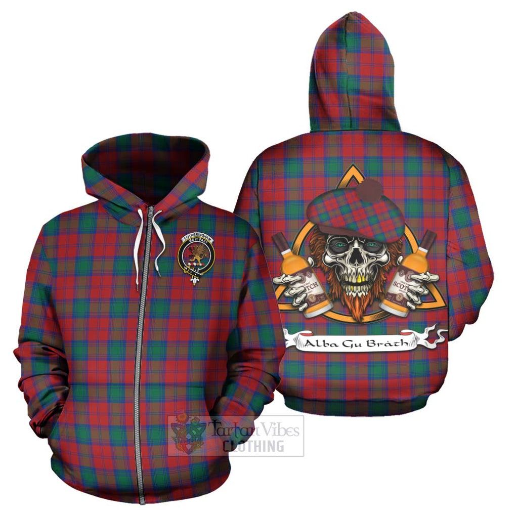 Tartan Vibes Clothing Fotheringham (Fotheringhame) Tartan Hoodie with Family Crest and Bearded Skull Holding Bottles of Whiskey