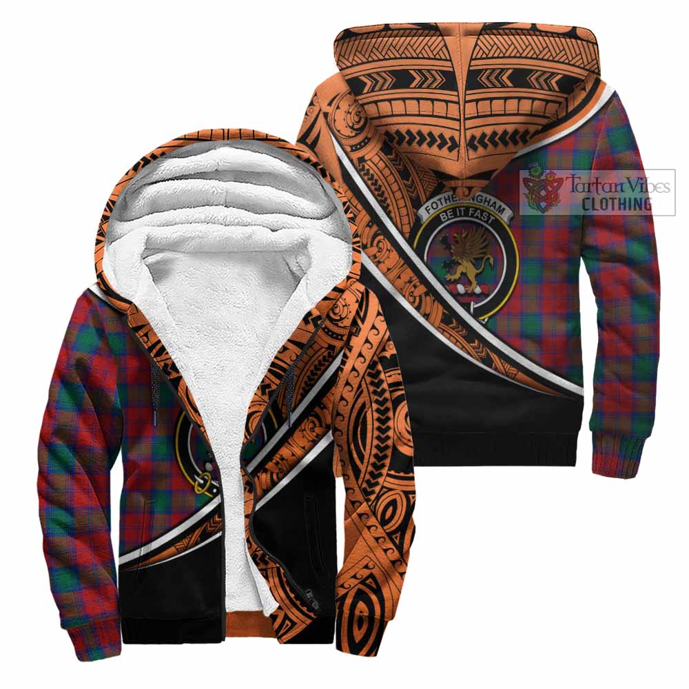 Tartan Vibes Clothing Fotheringham (Fotheringhame) Crest Tartan Sherpa Hoodie with Maori Tattoo Style - Orange Version