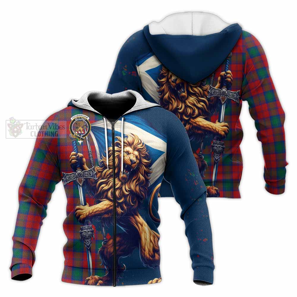 Tartan Vibes Clothing Fotheringham (Fotheringhame) Tartan Family Crest Knitted Hoodie with Scottish Majestic Lion