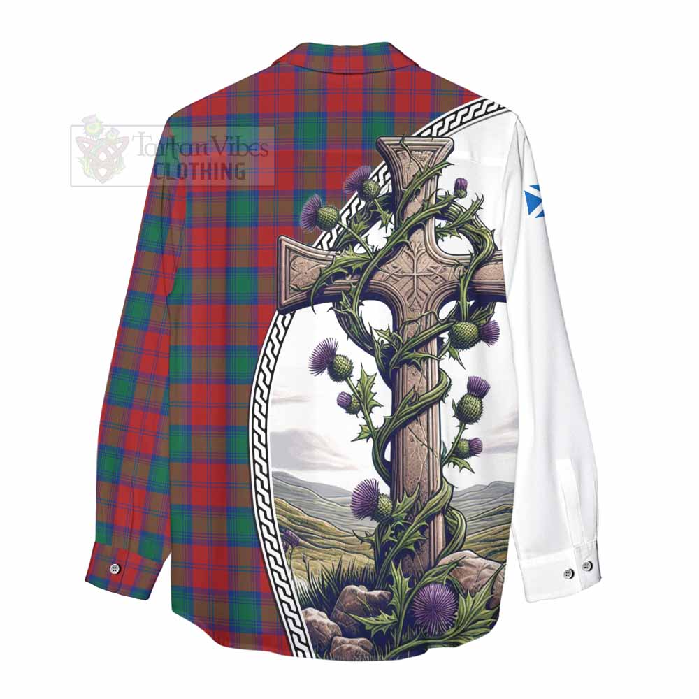 Tartan Vibes Clothing Fotheringham (Fotheringhame) Tartan Women's Casual Shirt with Family Crest and St. Andrew's Cross Accented by Thistle Vines