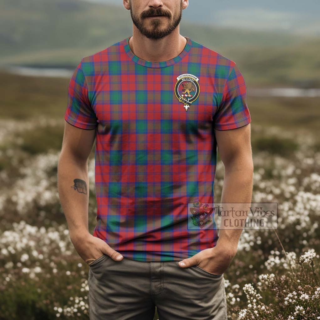 Tartan Vibes Clothing Fotheringham (Fotheringhame) Tartan T-Shirt with Family Crest and Bearded Skull Holding Bottles of Whiskey