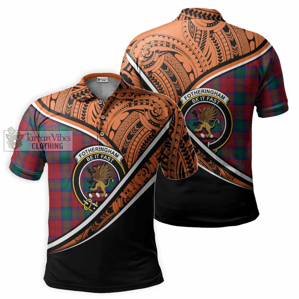 Tartan Vibes Clothing Fotheringham (Fotheringhame) Crest Tartan Polo Shirt with Maori Tattoo Style - Orange Version