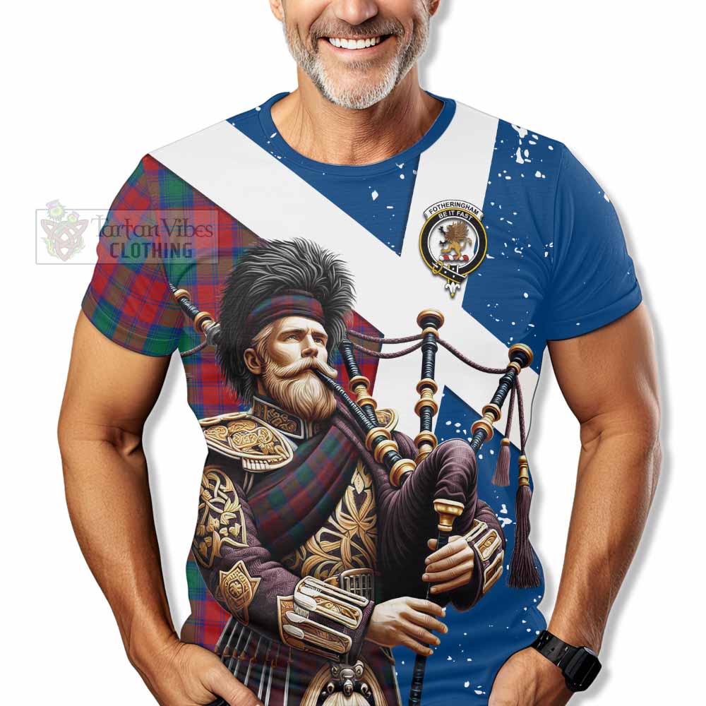 Tartan Vibes Clothing Fotheringham (Fotheringhame) Tartan T-Shirt with Family Crest Scottish Bagpiper Vibes