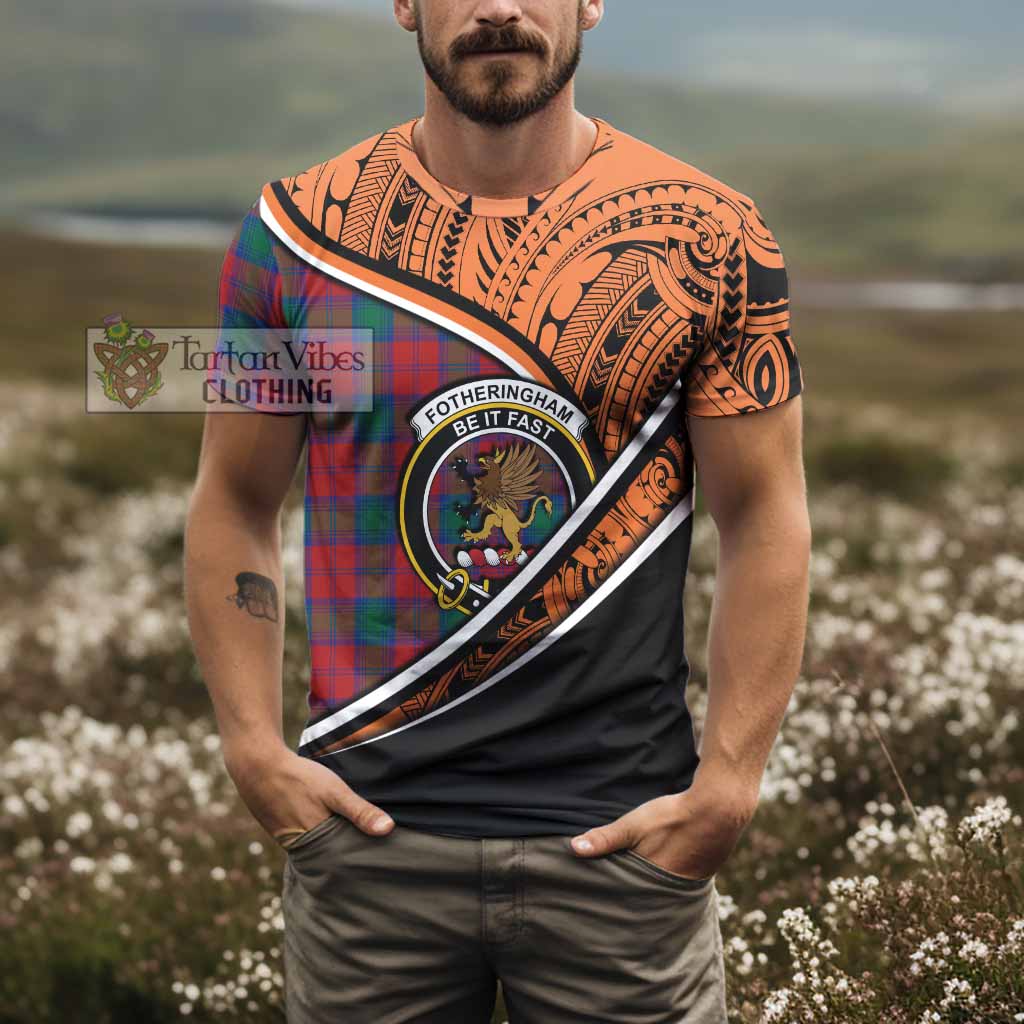 Tartan Vibes Clothing Fotheringham (Fotheringhame) Crest Tartan T-Shirt with Maori Tattoo Style - Orange Version