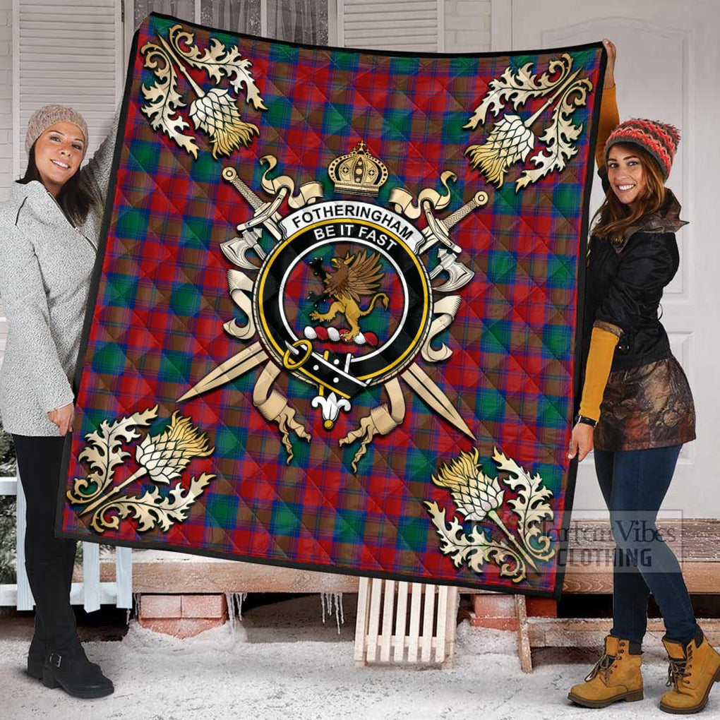 Tartan Vibes Clothing Fotheringham (Fotheringhame) Tartan Quilt with Family Crest and Scottish Golden Courage Shield