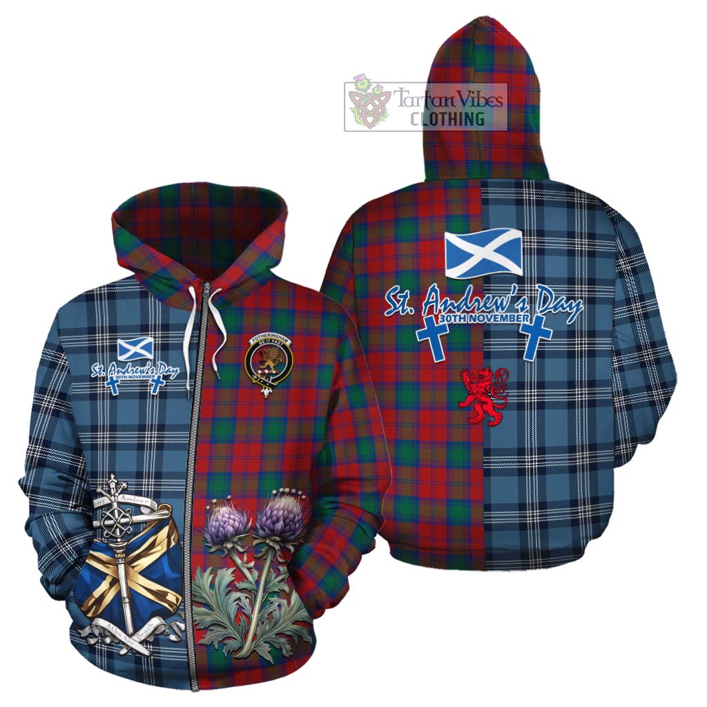 Tartan Vibes Clothing Fotheringham (Fotheringhame) Tartan Cotton Hoodie Happy St. Andrew's Day Half Tartan Style